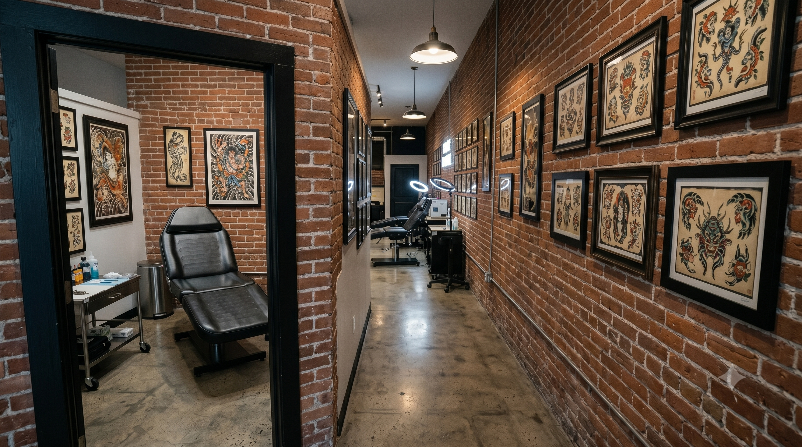 Corredor do Black Ink Studio — ambiente sofisticado com galeria de referências