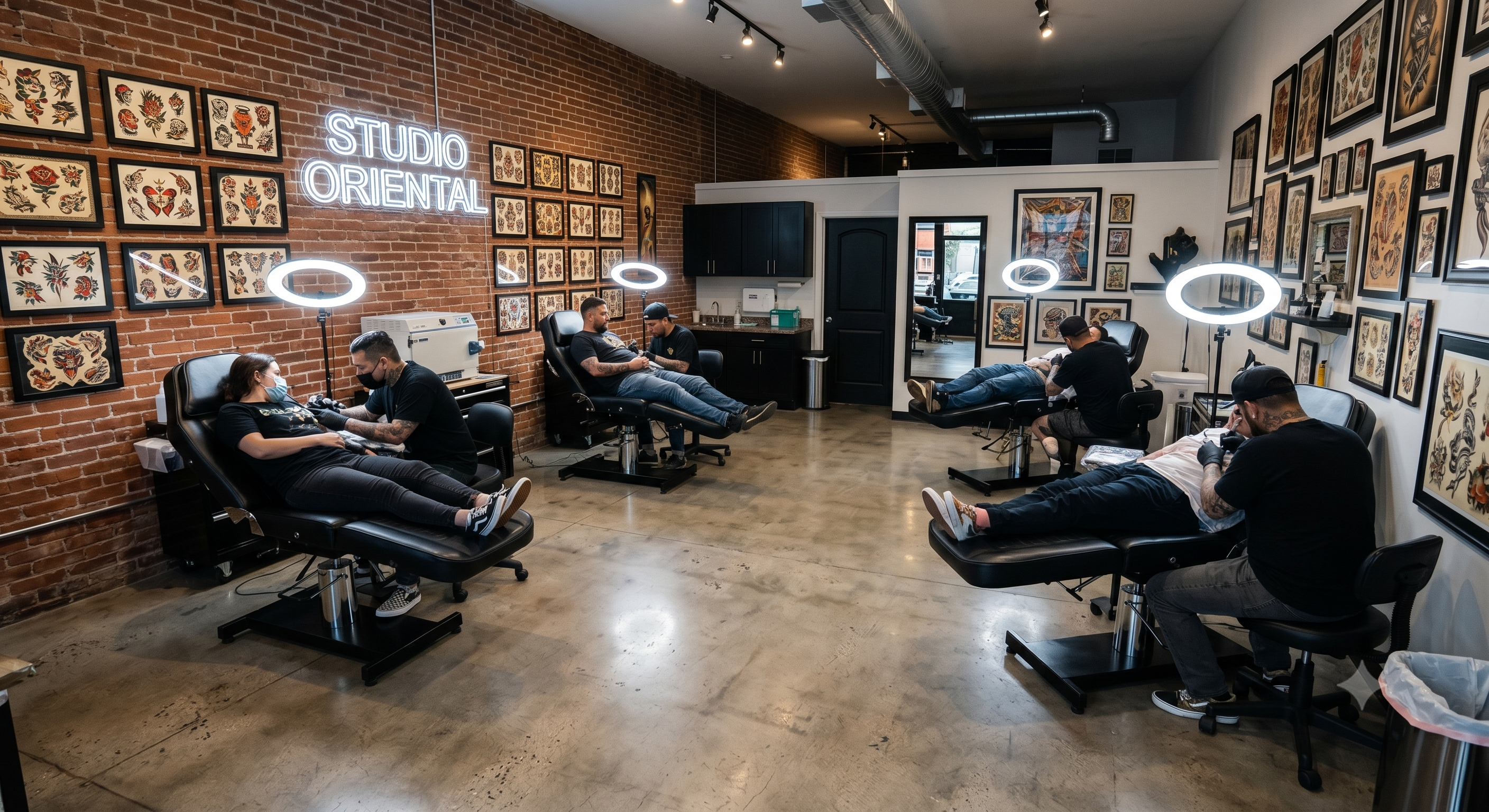 Salão principal do Black Ink Studio — artistas trabalhando em múltiplas estações