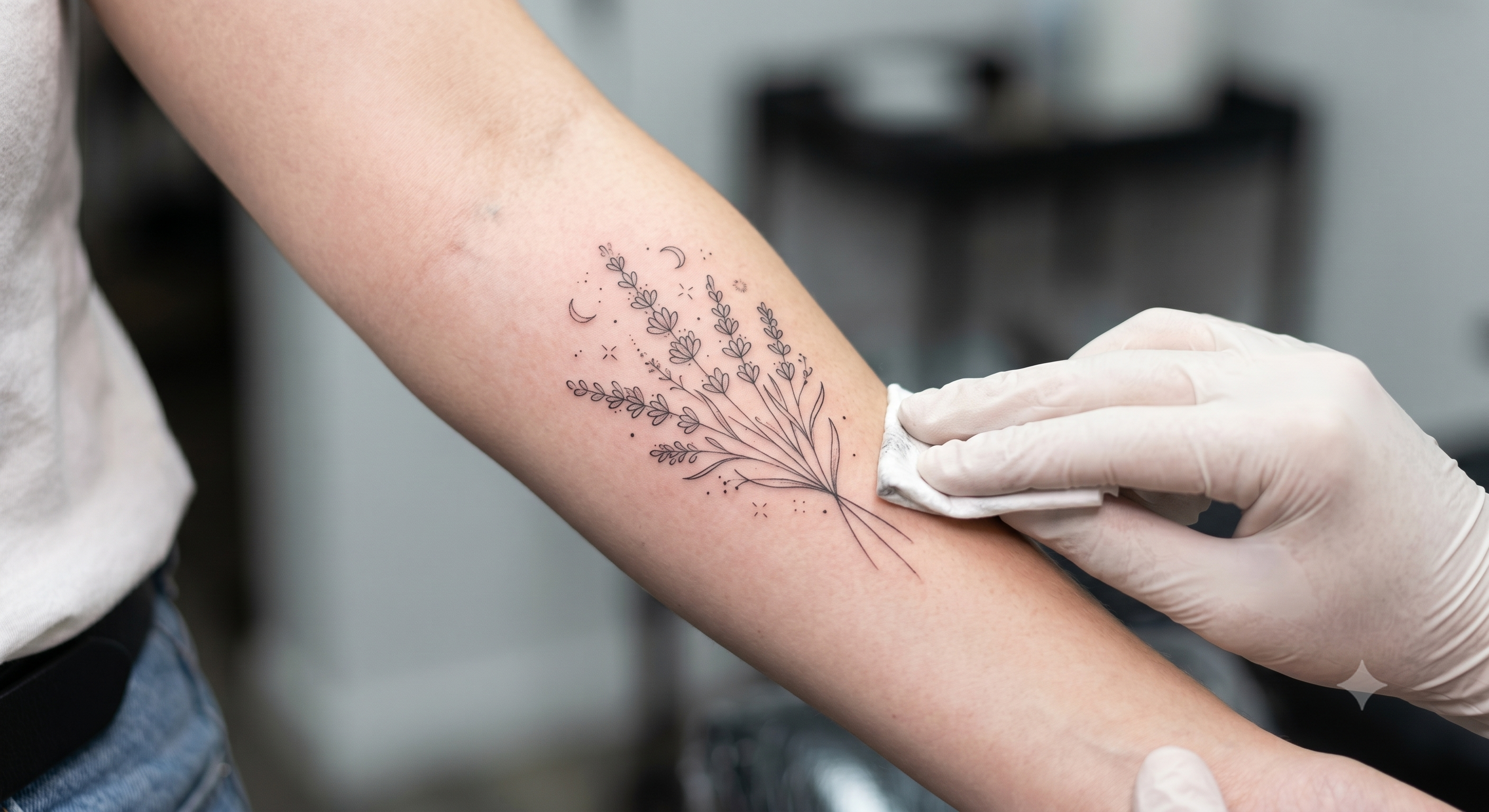 Tatuagem Fine Line — lavanda e elementos botânicos no antebraço