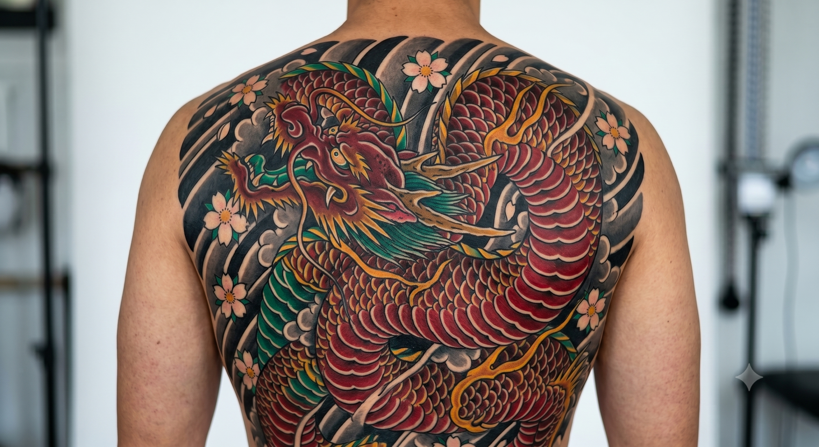 Tatuagem Oriental — dragão japonês colorido em backpiece completo